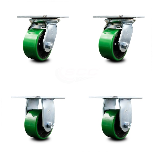 4 Inch Green Poly on Cast Iron Caster Set with Ball Bearings 2 Swivel 2 Rigid